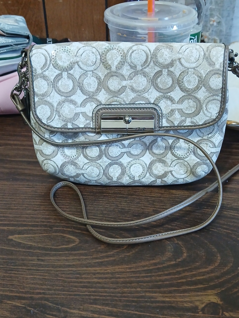 Coach Kristin Op Art Sequin Crossbody Bag Pink Cream Signature Monogram Y2K 2011